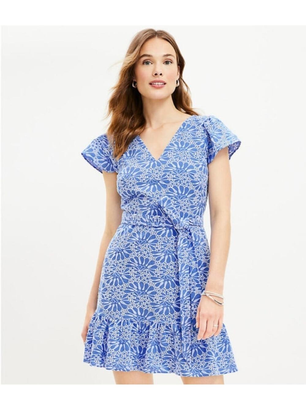Loft Eyelet Belted Flutter Sleeve Swing Dress 12 Floral Cotton Ruffle Hem Resort